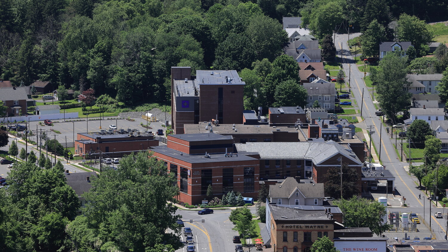 Wayne Memorial Hospital is pictured from Irving Cliff, above the Borough of Honesdale's downtown district.